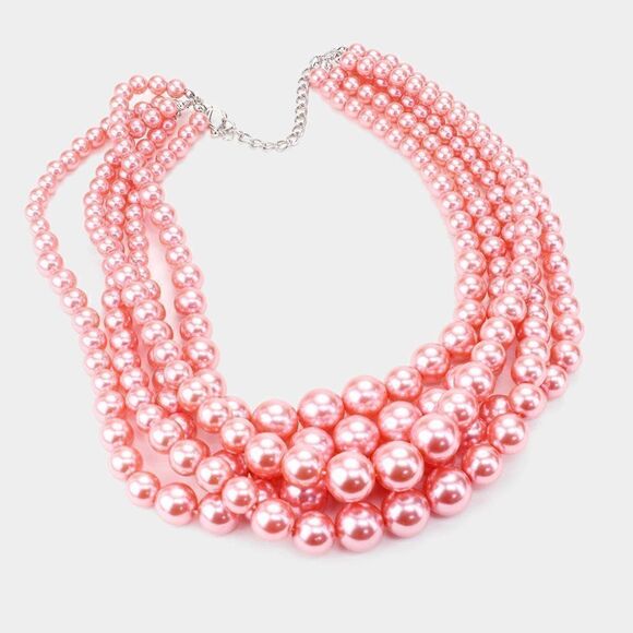 5 Strand Pearl (faux) Pink Necklace & Earring Set - Picture 2 of 8